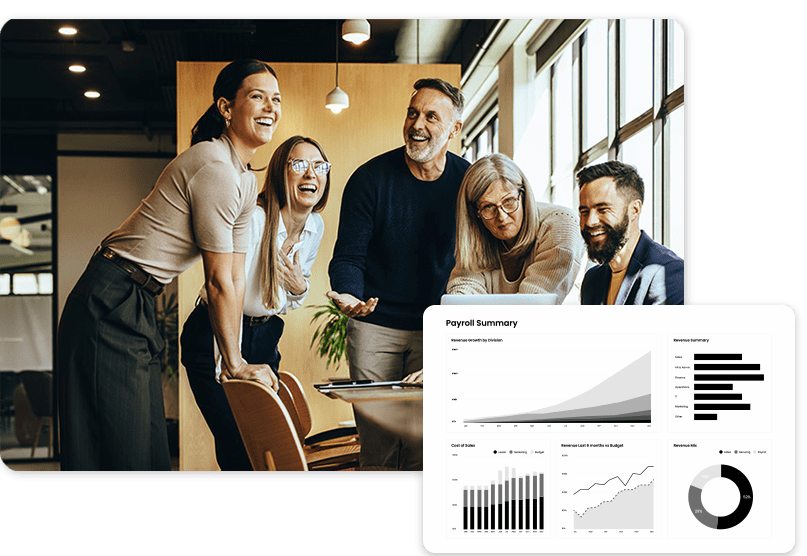 Five colleagues laughing together in an office near a screen displaying a payroll summary dashboard.