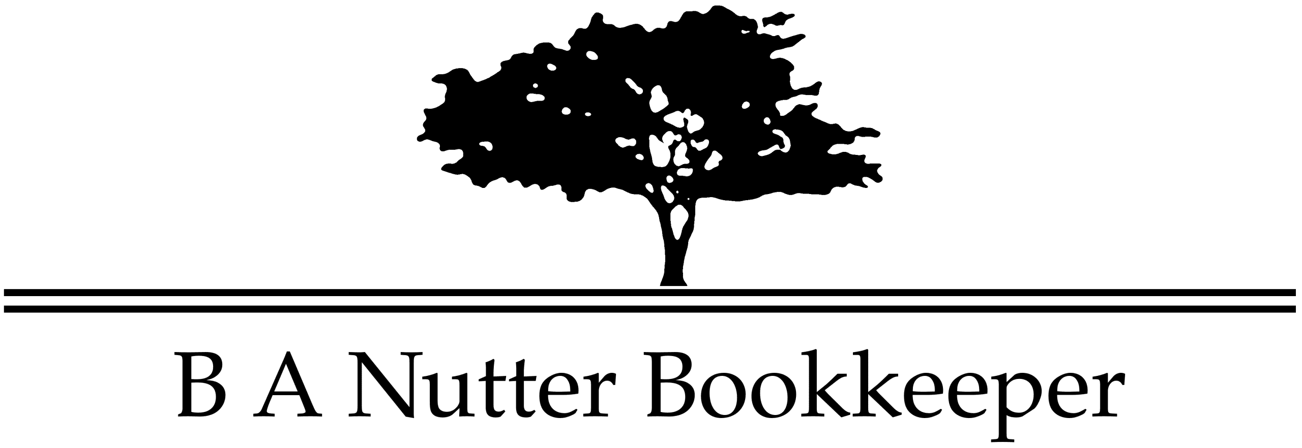 BA_Nutter_Bookkeeper_Tree_Logo_black Logo featuring a silhouette of a tree above a horizontal line and the text “B A Nutter Bookkeeper.”